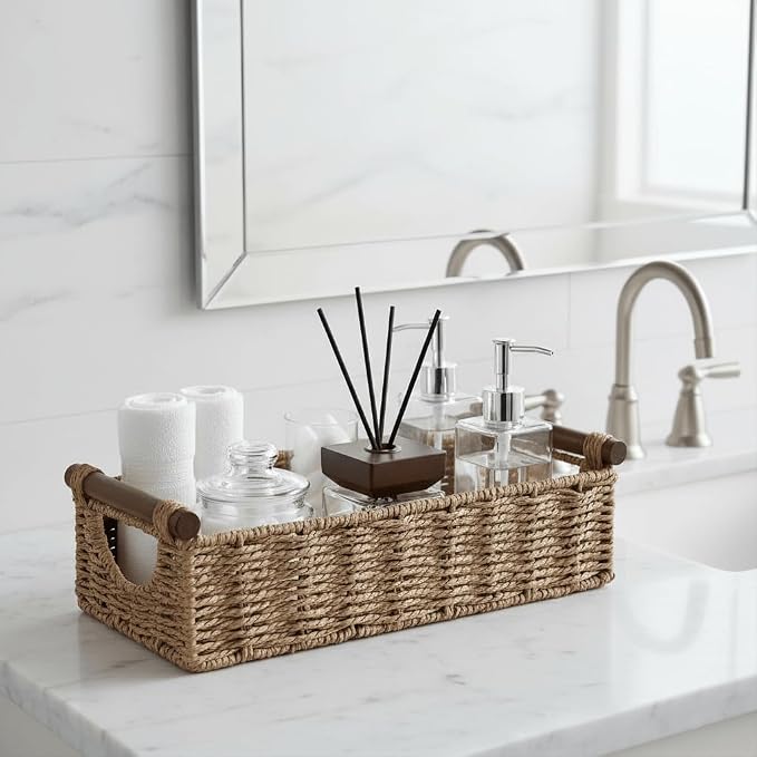 CubesLand Wicker Toilet Storage Basket Tray Organizer W/Cut Out Handle, Slim Decorative Basket for Countertop, Shelves And for Versatile Home Decor, Living Room, Nursery Organization, Neutral
