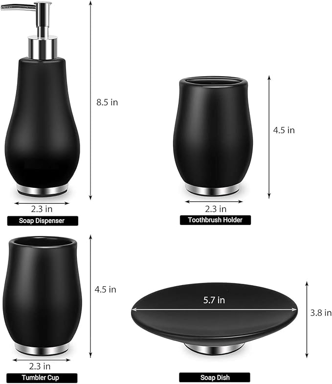 RQYIXI Ceramic 4-Piece Bathroom Accessories Set, Black, Tulip Design | tulip-inspired curved design with stainless steel base modern countertop organization
