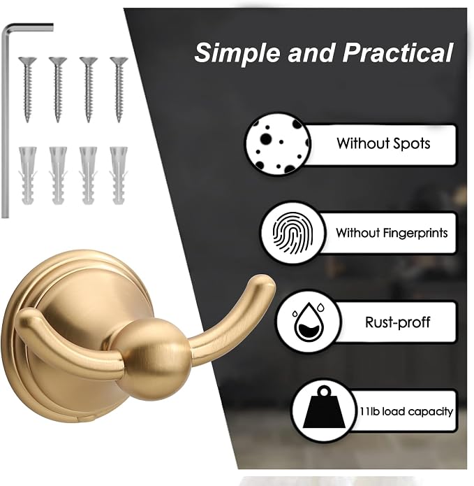 Asidrama Towel Hooks for Bathroom,Brushed Brass Coat Hooks for Kitchen Shower Door Wall Mounted,Exquisite Robe & Towel Hooks,Durable Robe Wall Hooks for Hanging Towels (2 Pack)