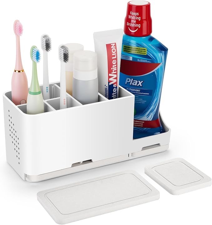 YONGAIJIA 8-Slot Toothbrush Holder with Quick-Dry Diatom Mud Board - Electric & Manual Toothbrush Organizer for Bathroom Countertop (White)