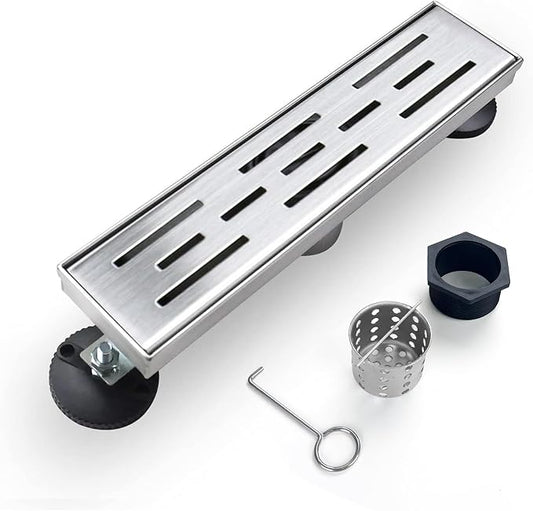 Linear Shower Drain, Shower Drain 12 inch with Bar Pattern Grate, Durable AISI 304 Stainless Steel Shower Drain, Linear Drain with Hair Strainer and Leveling Feet