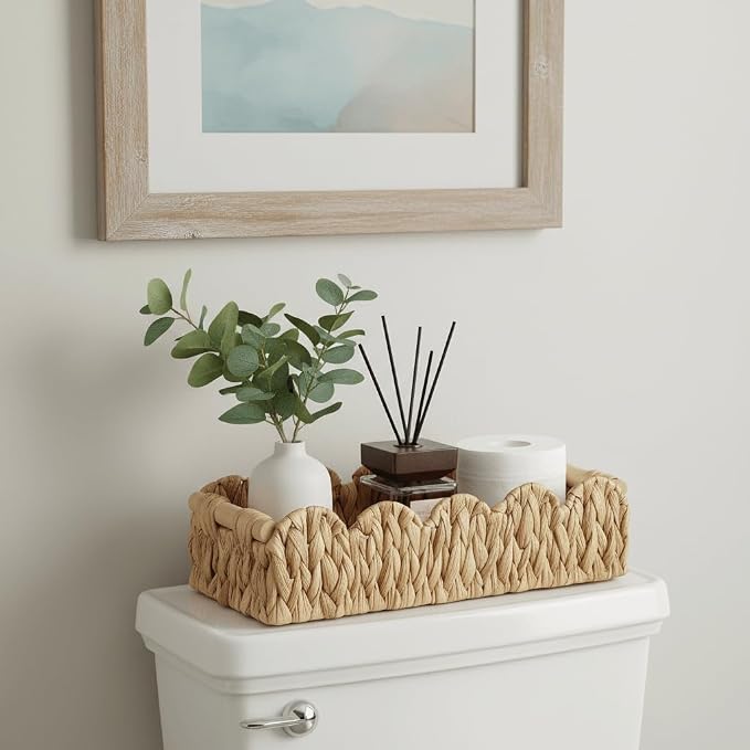 Kriitools Wicker Bathroom Basket Tray Organizer w/Scalloped for Toilet Paper, 2PCS Rattan Decorative Basket for Bathroom Decor, Farmhouse Home Decor, Living Room and more, Natural Water Hyacinth