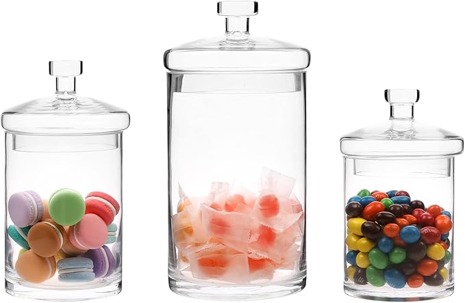 MyGift Glass Storage Jars with Lids, Kitchen & Bath Storage, Set of 3 | Add timeless charm to kitchens, bathrooms, weddings, and candy buffets with clear glass apothecary jars and matching lids