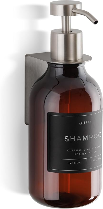 Shower Shampoo Dispenser Wall Mounted – Refillable 16.9 oz Amber Bottle with Stainless Steel Pump & No-Drill Adhesive Holder – Soap Dispenser for Bathroom (1 X Amber/Silver)