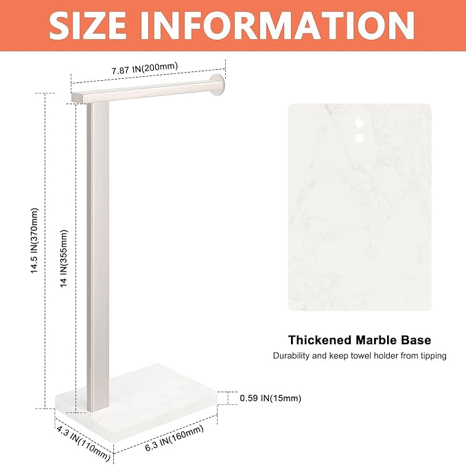 Hand Towel Holder Stand, 14.5" Hand Towel Rack with Weighted Marble Base, 304 Stainless Steel L-Shape Standing Towel Bar for Vanity Bathroom Kitchen Countertop (Brushed Nickel)