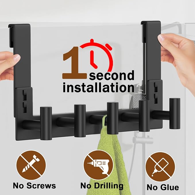 Extended Robe Door Hooks, Heavy Duty Stainless Steel Towel Hooks for Frameless Glass Shower Doors, Towel Hanger Rack, Shower Hooks for Bathroom (Black, 1 Pack)