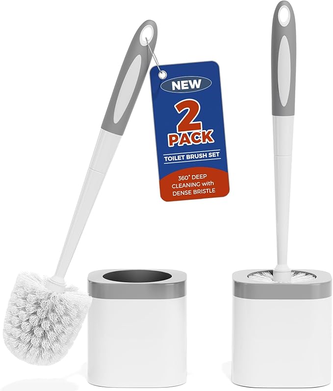Holaloha Toilet Brush and Holder Set, Space Saving, 2 Pack, White | Bathroom Accessories, Ergonomic Silicone Handle, Dense Bristles, Deep Cleaning, Scrubber, Compact Design