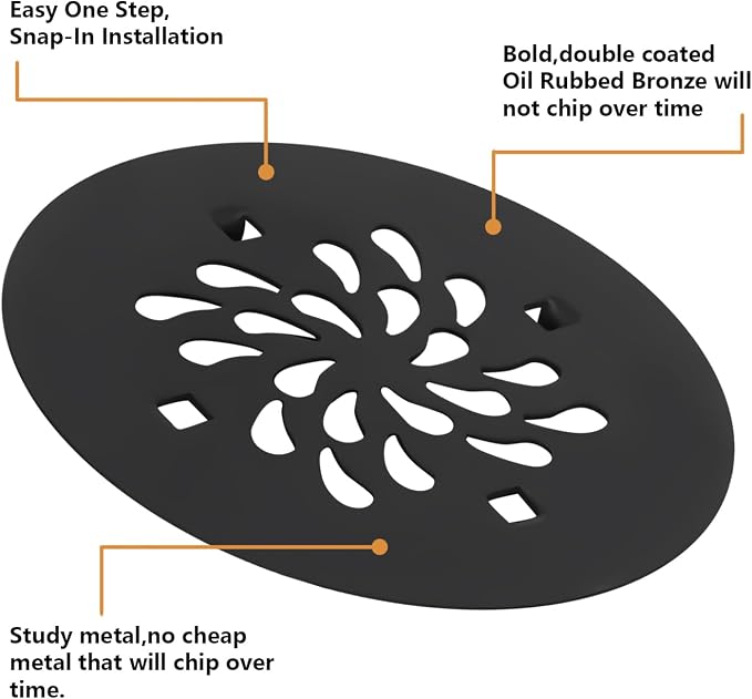 Uni-Green 4-1/4" Round Shower Drain Cover - Snap in Shower Drain Cover Replacement - Circle Shower Drain Grate with Waterdrop Shape - 304 Stainless Steel Material - Matte Black