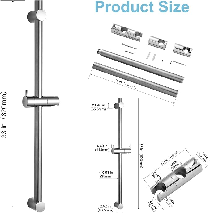 OFFO Shower Slide Bar Combo, 33 in Segmental Slide Bar with 6-Mode High Pressure Handheld Shower Head and 60 in Stainless Steel Hose, Chrome