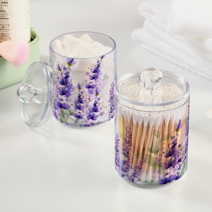 4 Pack Qtip Holder Dispenser Purple Lavender Cotton Ball Cotton Swab Round Pads Floss Clear Bathroom Storage Containers Plastic Apothecary Jars with Lids