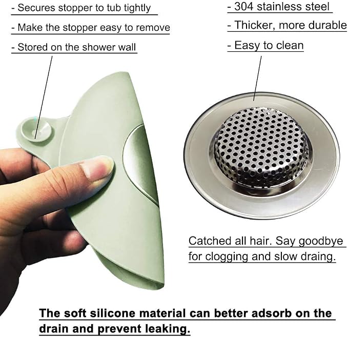 Seatery 2PCS Bathtub Stopper Hair Catcher Kit, Bathtub Drain Strainer, Tub Stopper Plug Cover, Sink Filter, Silicone Drain Stopper for Bathroom, Laundry (Grey)