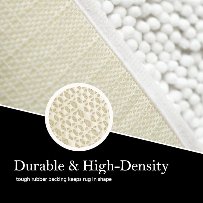 Bathroom Rugs Chenille Bath mat 3 Piece Set, Super Absorbent, Strong PVC Non Slip Backing, Bath mats for Bathroom, Plush Shaggy, Thick, Machine Washable, Bathtub, Shower, Toilet, White