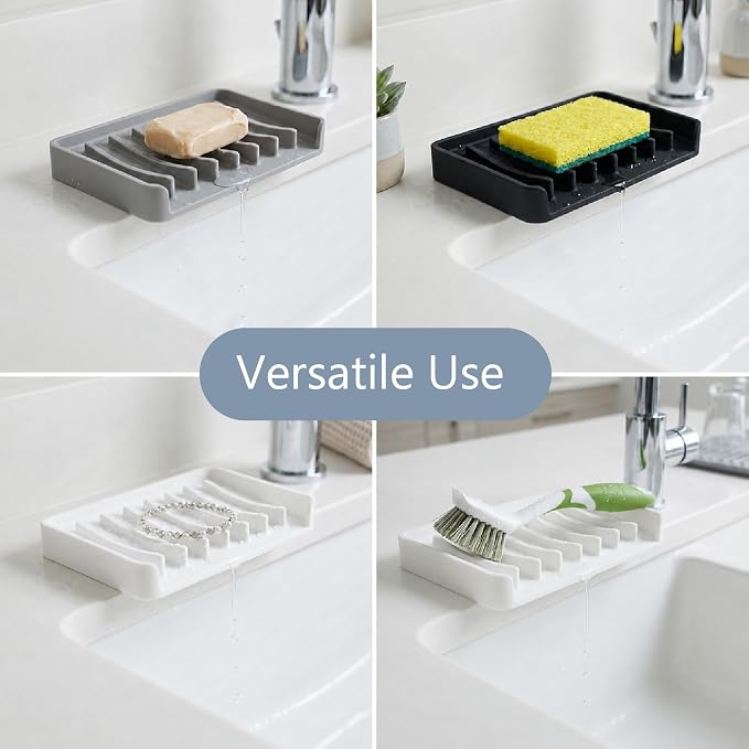 Bathway Silicone Soap Dishes for Shower, Self-Draining Bar Soap Holder Non-Slip Sink Organizer Tray for Sink, Bathroom & Kitchen, Keeps Bar Soap Dry& Dishwasher Safe, Gray & White(2 Pack)