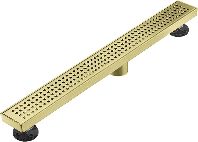 AVSIILE Linear Shower Floor Drain, Brushed Gold 30 Inch 304 Stainless Steel Bathroom Drains Kit, Long Rectangular Shower Trench Drain with Square Pattern Drain Cover & Hair Catcher