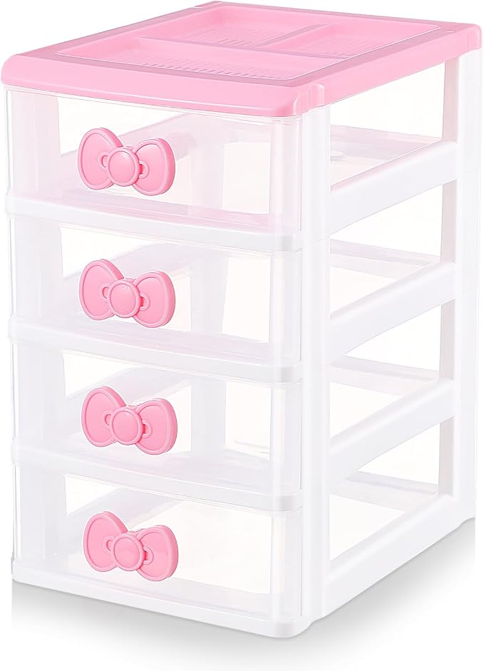 Girls Cute Lovely Color Storage Box Makeup Organizer with 4 Layers, Cute Storage Cabinet Box with Bow Handle, Desktop Storage Box for Home Bedroom Bathroom Women Girl Gifts (Pink)