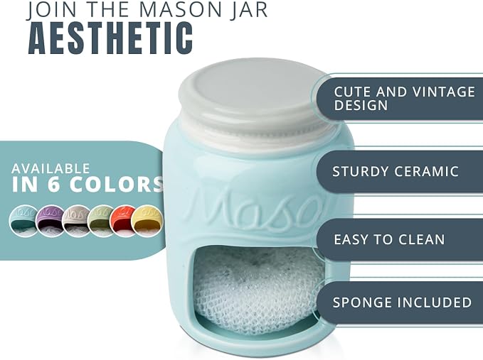 Comfify Aqua Blue Mason Jar Ceramic Sponge Holder – Farmhouse Sink Caddy | Aqua Blue; mason jar ceramic; 5"H x 3.75" diameter; includes nylon scrubby; embossed 'MASON'; decorative lid; farmhouse