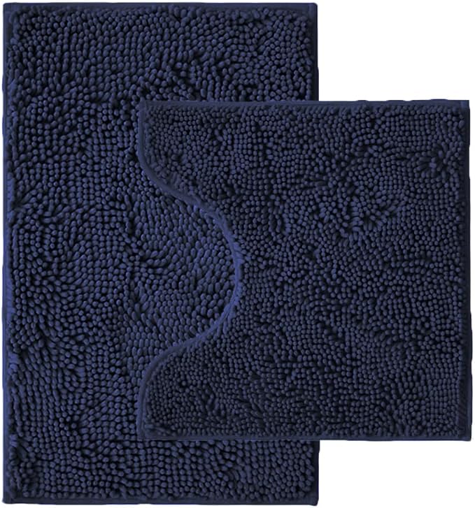 Bathroom Rugs Sets 2 Piece,Super Absorbent Chenille Bath Mats and U-Shaped Toilet Rug,Strong PVC Non Slip Backing,Microfiber Washable Dry Quickly Bath Mats for Bathroom(20"x32"+20"x20"U,Navy Blue)