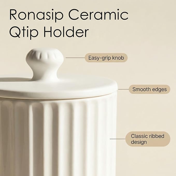 Ronasip White Ceramic Bathroom Organizer and Storage Jars with Lid, 2 Pack Qtip Holder and Cotton Pad Dispenser, Apothecary Canisters for Vanity, Kitchen Countertop, Home Decor