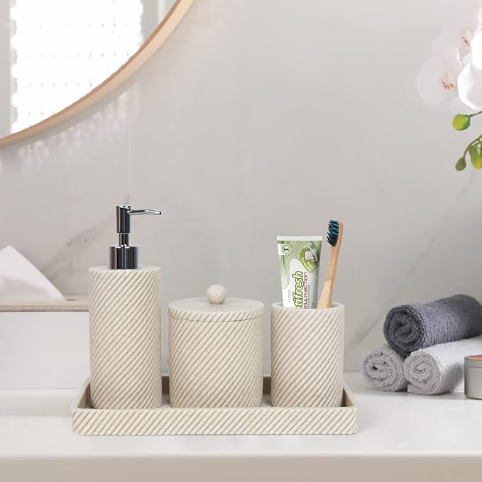 Beige Bathroom Accessories Set 4 Pcs - Toothbrush Holder,Lotion Soap Dispenser,Qtip Holder Dispenser,Vanity Tray for Countertop Vanity Organizer,Bathroom Accessory Set