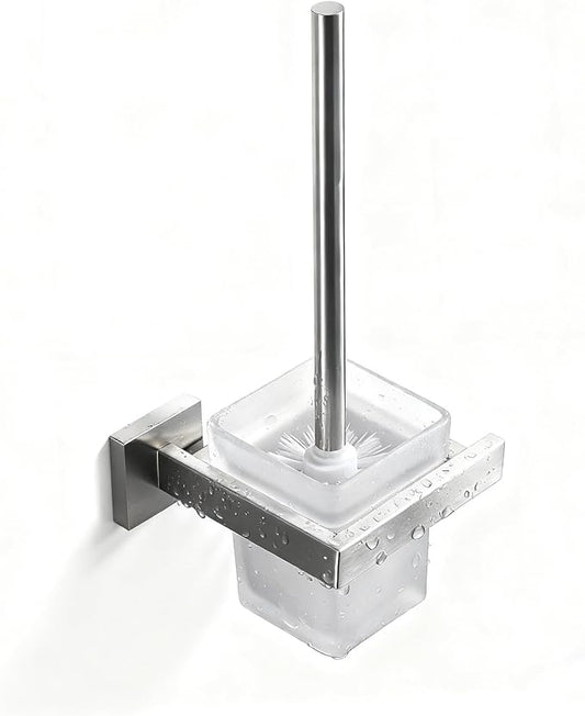 Toilet Brush and Holder Set, NEWRAIN 304 Stainless Steel Wall Mounted Toilet Brush with Long Brush Handle, Brushed Nickel Toilet Scrubber, Glass Canister