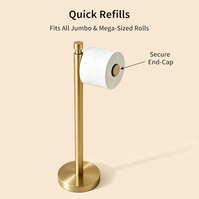 Toilet Paper Holder Stand, 4.4lbs Heavy Duty, Brushed Gold | Stainless Steel Design with Open-Arm Access for Bathrooms and Powder Rooms