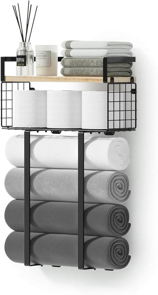 Xstydes Towel Racks for Bathroom, Metal Towel Holder with Storage Basket,Wall Towel Rack for Rolled Towels, Towel Storage for Small Bathroom.