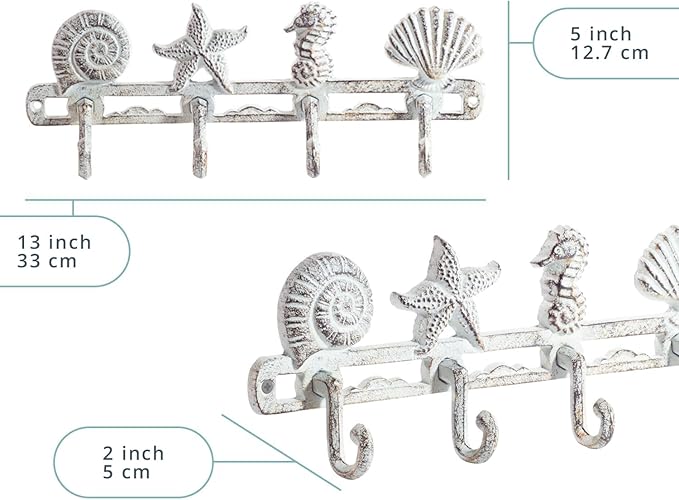 Comfify Antique White Seashell Cast Iron Wall Hook Rack – 4 Hooks, 13.5" | Antique White; 2 seashells + starfish + seahorse; 4"H x 13.5"L; cast iron; includes screws and anchors; coastal decor