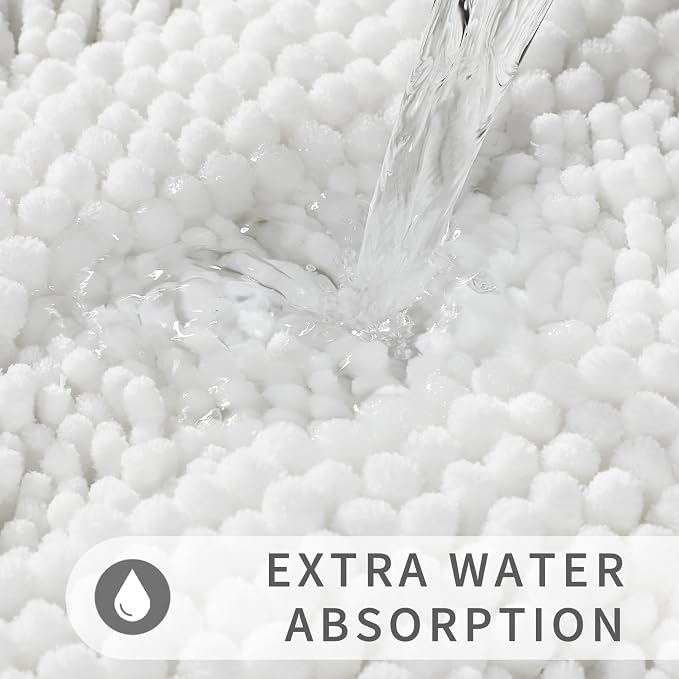 Yimobra Bathroom Rug Set 2 Piece, Absorbent Chenille, 32x20+24x17, White | Non Slip Machine Washable Quick Dry Bath Mat Set, Soft Plush Shower Rugs for Bathroom Floor Sink Tub and Shower Outside