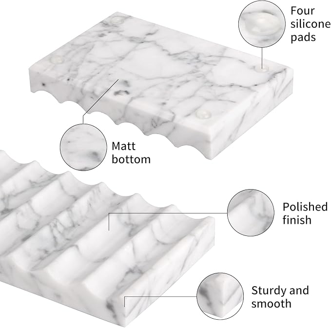 Luxury Marble Soap Dish Tray,Rectangle Stone Marble Soap Tray,Self Draining Soap Holder for Bathroom, Kitchen (Carrara White)