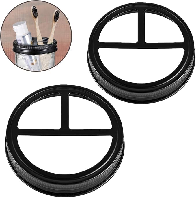 [Wide Mouth ONLY] SheeChung 2 Pack Mason Jar Toothbrush Holder Lid - Rustproof 304 Stainless Steel for Ball Mason Jar or Any Pint. Jar, Farmhouse Decor Bathroom Accessories Set - Black