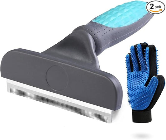 2PCS Pet Grooming Brush Set, Undercoat Deshedding Tool & Double-Sided Silicone Glove for Dogs, Cats & Horses - Gentle & Effective Loose Hair Removal, Shedding Reduction