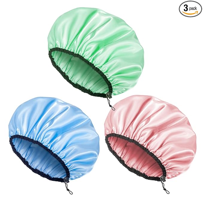 Auban Shower Cap for Women, Adjustable Reusable, Extra Large, Double-Layer Waterproof Bathing cap, Waterproof Exterior, EVA Lining, Hair Cap for All Hair Lengths, 3 Colors