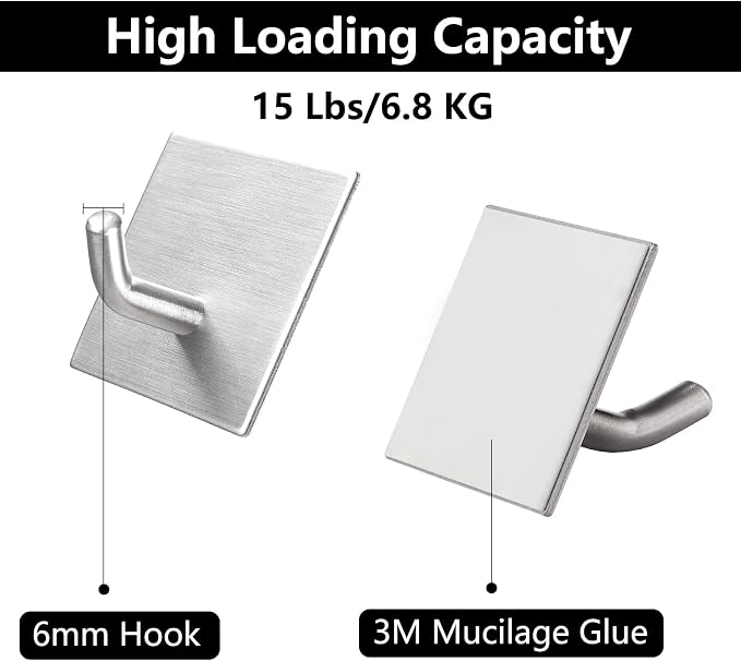 FOMANSH Heavy Duty Adhesive Hooks, Stick on Wall Adhesive Hangers, Strong Stainless Steel Holder, Self Adhesive Hooks for Kitchen Bathroom Home Door Towel Coat Key Robe 6 Packs Silver