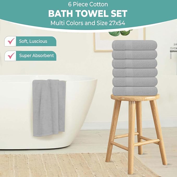 KAHAF COLLECTION 6 Pack Bath Towels Set (27 x 54 Inches) 100% Ring Spun Cotton, Lightweight, Quick Dry, Highly Absorbent Towels (Light Grey, (27x54) Inches)