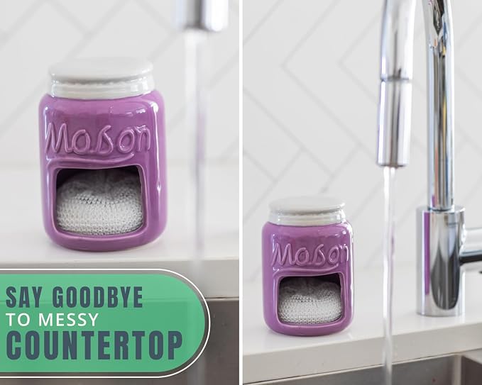 Comfify Purple Mason Jar Ceramic Sponge Holder – Farmhouse Sink Caddy | Purple; mason jar ceramic; 5"H x 3.75" diameter; includes nylon scrubby; embossed ‘MASON’; decorative lid; farmhouse