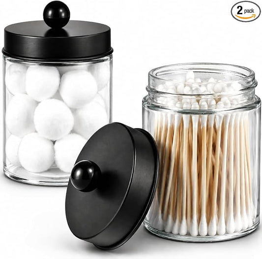 Amolliar Apothecary Jars Bathroom Storage Organizer - Cute Qtip Dispenser Holder Vanity Canister Jar Glass with Lid for Cotton Swabs,Rounds,Bath Salts,Makeup Sponges,Hair Accessories/Black（2 Pack）