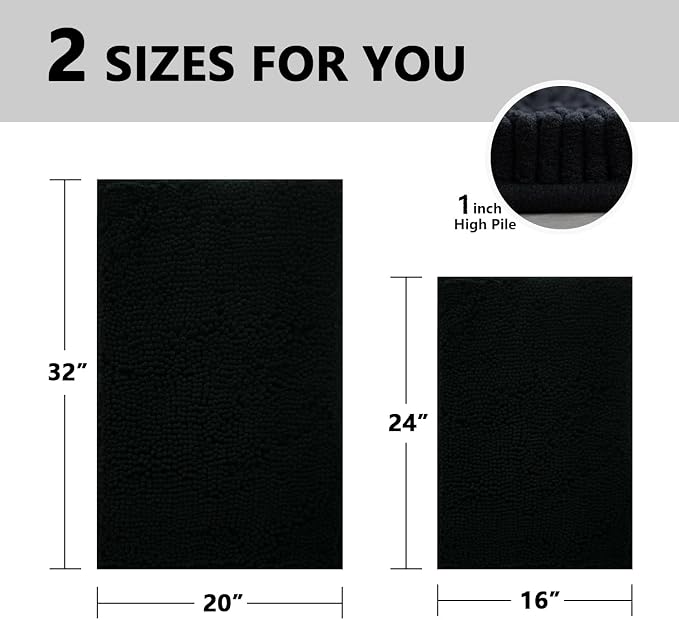 Bathroom Rugs Sets 2 Piece, Extra Soft Chenille Bath Mat Ultra Absorbent Bathroom Rug, Bathroom Mat with Sturdy PVC Non-Slip Bottom, Machine Washable Bath Rugs (20x32 Inch + 16x24 Inch, Black)