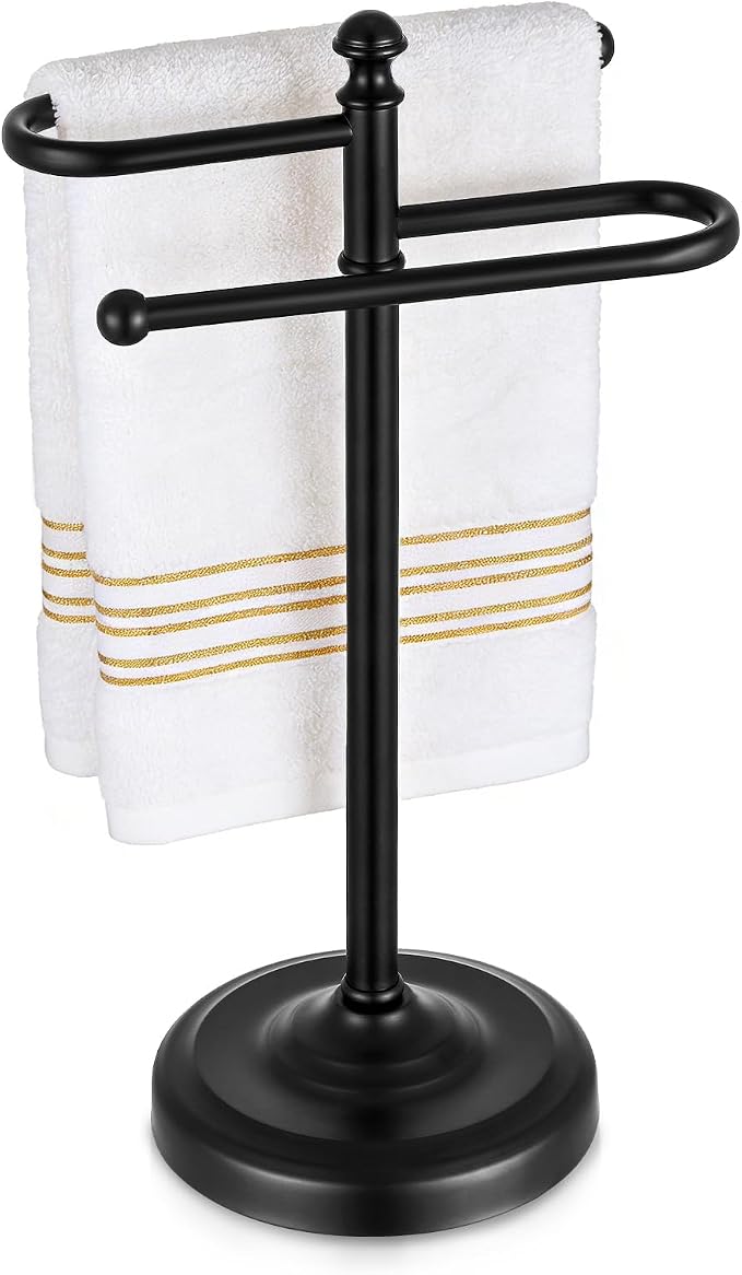 Hand Towel Stand,304 Stainless Steel Hand Towel Holder for Bathroom Kitchen Counter，14.5 Inch S-Shape Weighted Base Standing Hand Towel Rack Bar Holds 2 Towels (Black)