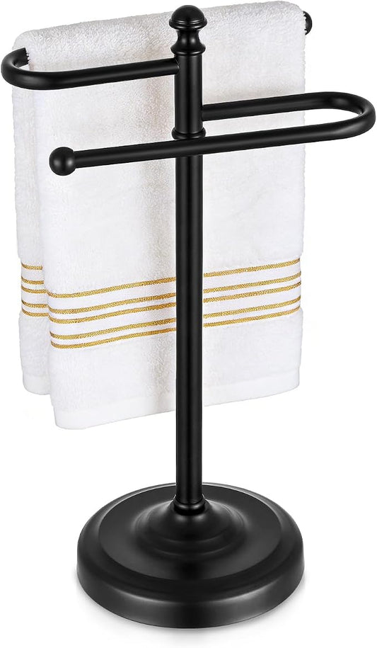 Hand Towel Stand,304 Stainless Steel Hand Towel Holder for Bathroom Kitchen Counter，14.5 Inch S-Shape Weighted Base Standing Hand Towel Rack Bar Holds 2 Towels (Black)