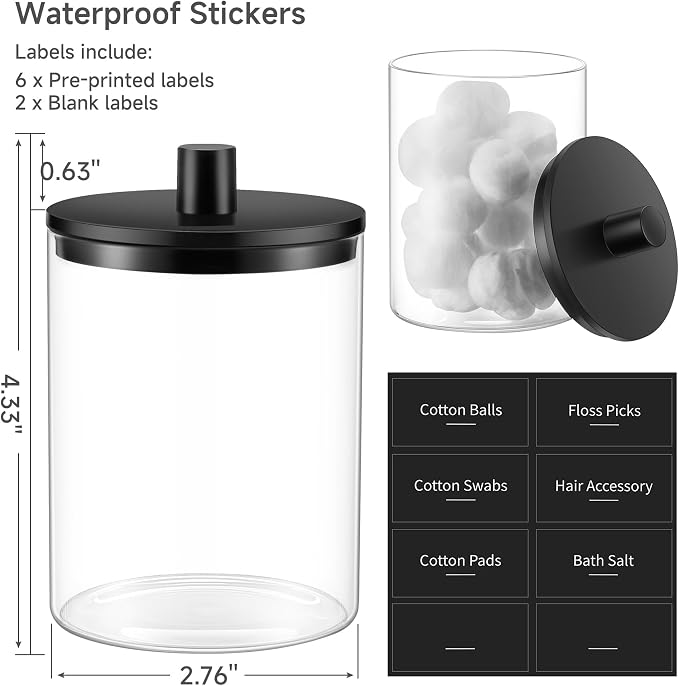Glass Qtip Holder Dispenser - 10 oz Clear Canister Apothecary Jar, Bathroom Vanity Storage Organizer Set for Cotton Swabs, Pads, Floss Picks, Small Containers for Makeup Storage (2 Pack, Black)