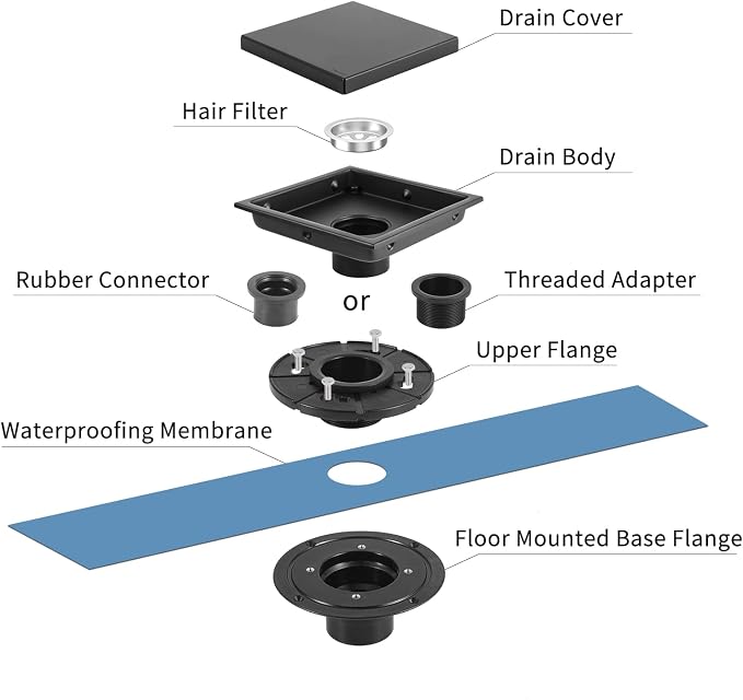 EXF Square Shower Drain 6 Inch Matte Black with Tile Insert Grate, Stainless Steel Shower Floor Drain with Flange, Hair Catcher