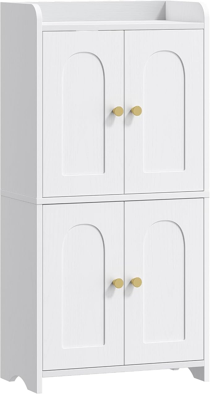 HEXCELEN Small Storage Cabinet, Bathroom Storage Cabinet with 4 Doors, Floor Bathroom Organizer Freestanding for Small Spaces, Living Room, Kitchen, Entryway (Mediterranean, White)
