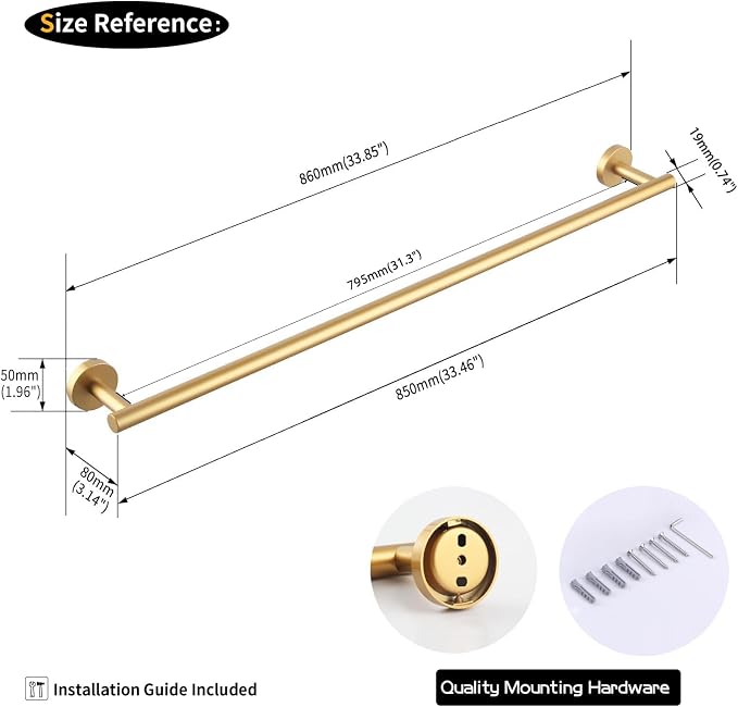GERZWY Stainless Steel 33-Inch Bathroom Towel Bar Gold Towel Rack Wall Mounted Towel Rail Bath Towel Rod AG1101C85-BE