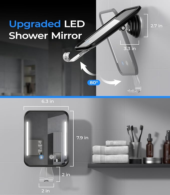 Gospire Heated Shower Mirror Fogless for Shaving with Light - Black | 5000mAh Rechargeable Battery, Detachable Suction Cup & Razor Holder for Wall, NO-Drilling, Removable, Waterproof for Bathroom