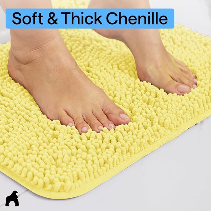 GORILLA GRIP Bath Rug Mat for Bathroom, Absorbent Chenille, 36x24 Yellow | Soft Thick Quick Dry Microfiber Mats, Rubber Backing, Machine Washable Tub and Shower Floor Rugs, Home Decor Essentials