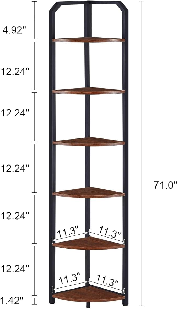 MNEETRUNG 6 Tier Corner Shelf,71" Narrow Corner Bookshelf for Living Room,Bedroom,Brown