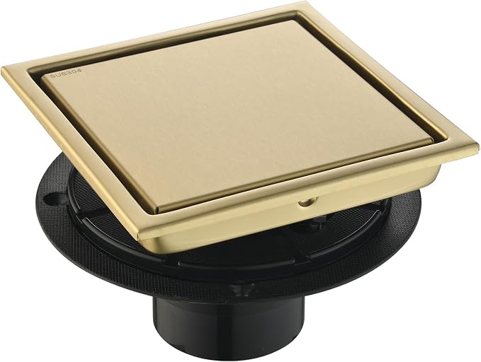 6-Inch Square Shower Drain, Brushed Gold Floor Drain with Flange, 304 Stainless Steel Bathroom 2-in-1 Tile Drain