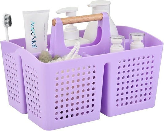 Portable Shower Caddy Basket with Wood Handle, 3-Compartment Bathroom Organizer Tote with Drain Holes, Plastic Shower Basket for Dorm, Toiletries, Cleaning Supplies, Purple