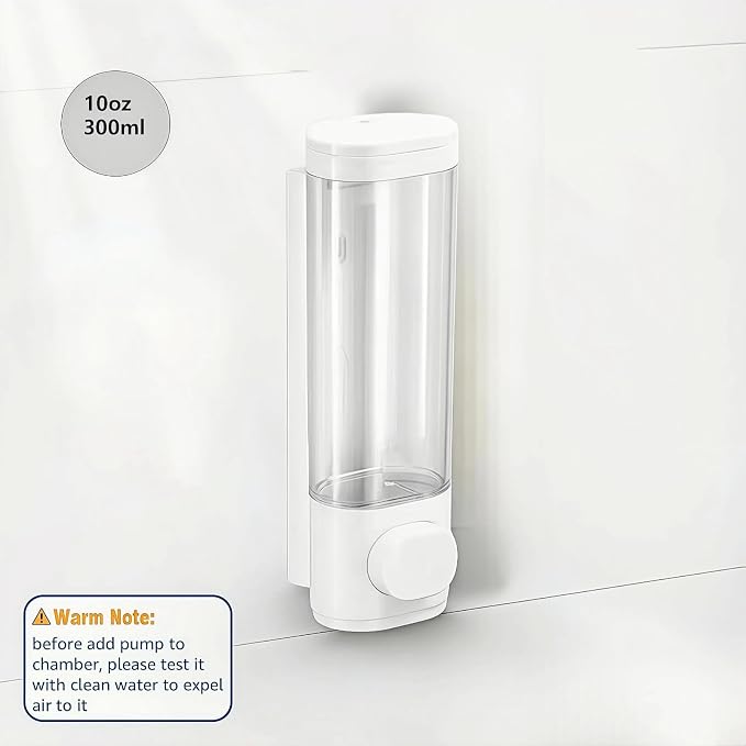 10oz/300ml Single Manual Wall Mounted Soap Dispenser, White | Bathroom Shampoo and Conditioner Dispenser, Clear Plastic Refillable Liquid Lotion Pump Dispenser and Organizer