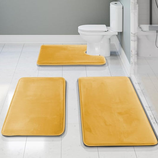 Clara Clark Bathroom Rug Set, 3 Piece Velvet Memory Foam Bath Mats with Non-Slip PVC Backing, Gold